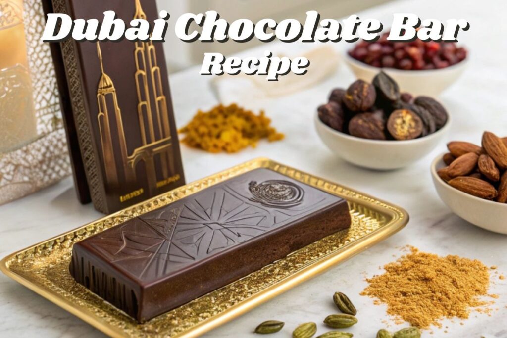 A luxurious handcrafted chocolate bar infused with Middle Eastern flavors, displayed on a golden platter with vibrant ingredients like saffron, pistachios, and dates, set against an elegant Dubai-inspired backdrop