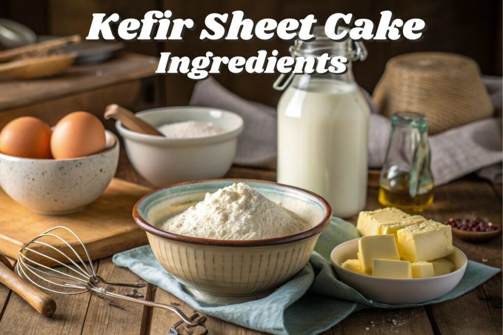 How to Use Kefir Sheet Cake Ingredients for a Perfect Recipe 2 A rustic kitchen counter displaying kefir sheet cake ingredients, including a glass jar of kefir, a bowl of flour, granulated sugar, butter sticks, fresh eggs, and vanilla extract, styled naturally with warm, moody lighting.