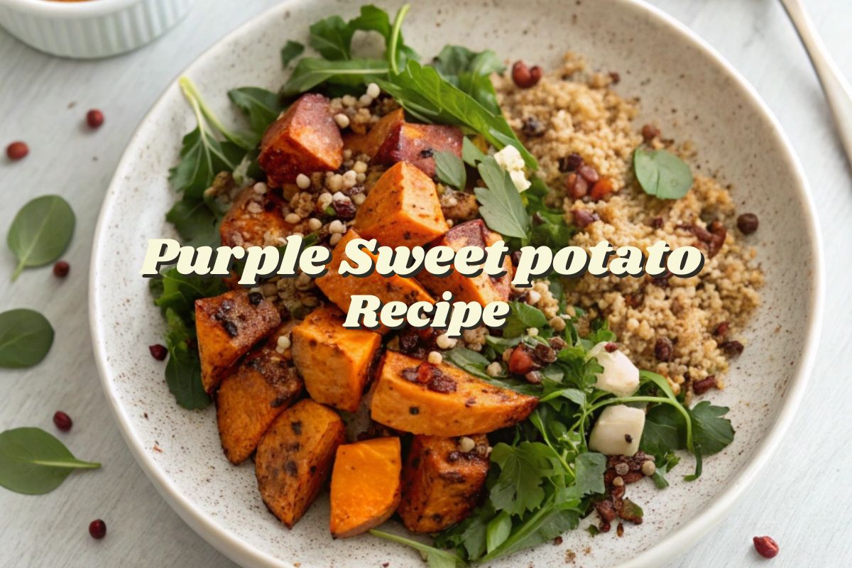 A vibrant plate featuring roasted sweet potatoes, sautéed greens, quinoa, and a tangy dressing, garnished with spices.