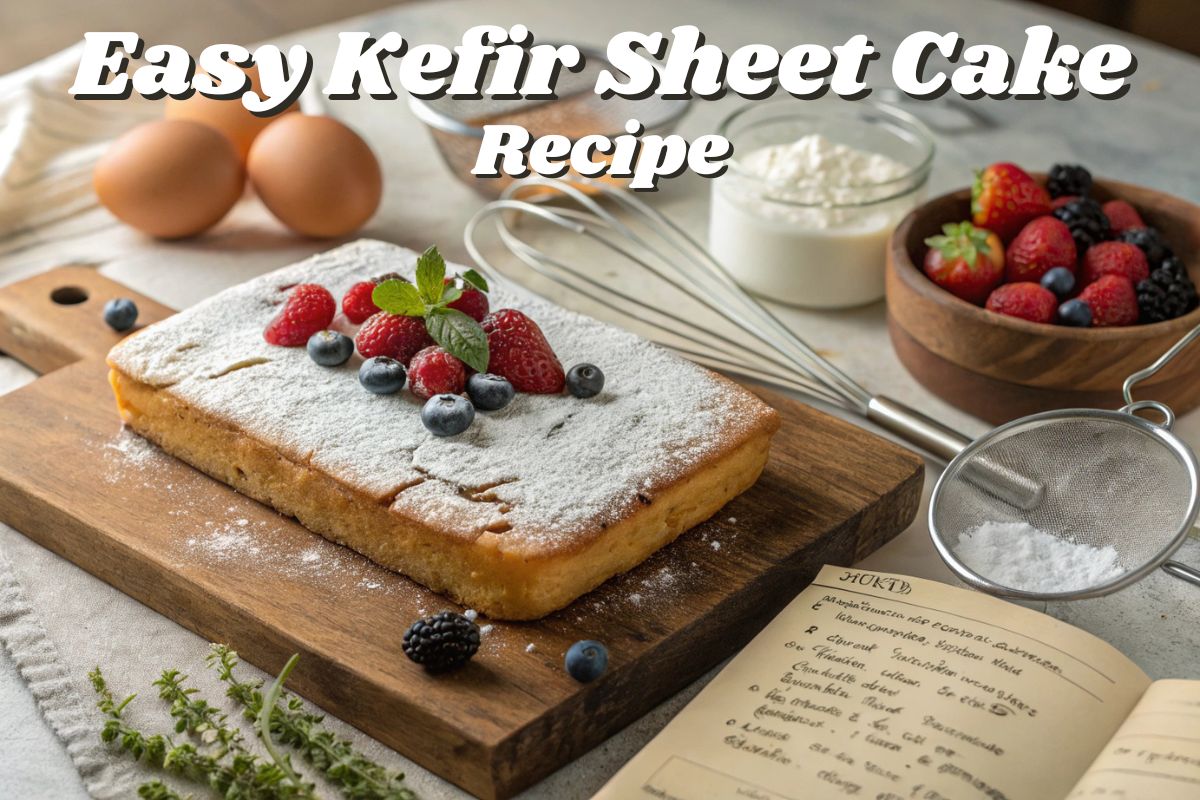 Finished kefir sheet cake with cream cheese frosting and decorative berries, from the kefir sheet cake recipe card