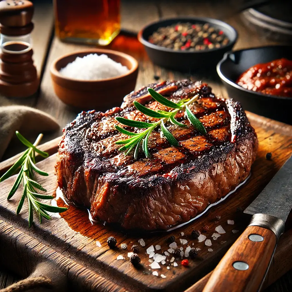 How to Cook the Perfect Chuck Eye Steak: Tips and Recipes 2 A close-up of a beautifully charred chuck eye steak on a rustic wooden cutting board, garnished with fresh rosemary and surrounded by coarse sea salt, cracked pepper, and a cast iron skillet in a cozy kitchen setting