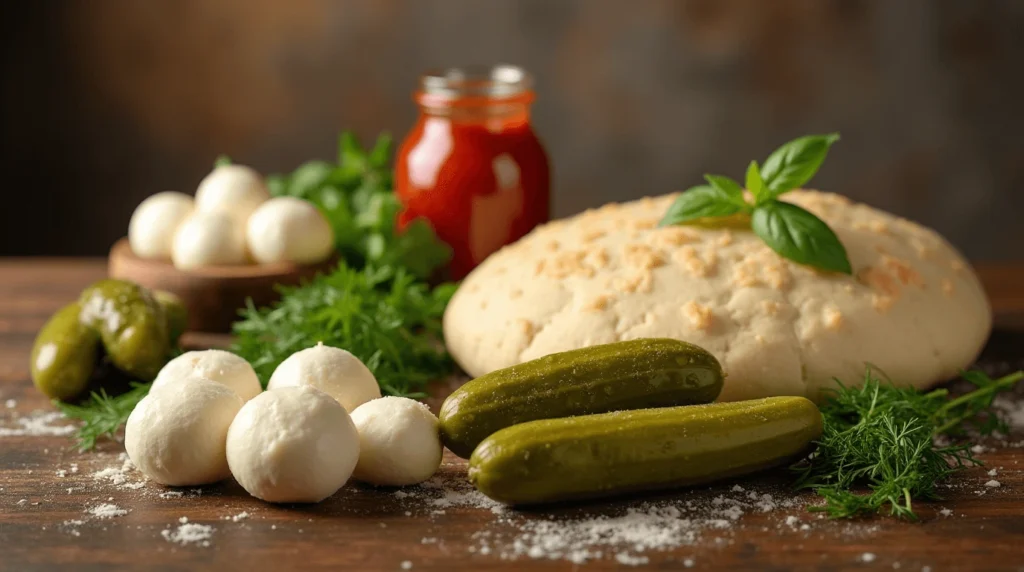 Pickle Pie Pizza: Why This Bold, Flavor-Packed Recipe Is a Must-Try 3 Key ingredients for Pickle Pie Pizza displayed on a rustic wooden table, including fresh dill pickles, mozzarella cheese, pizza dough, pizza sauce, and herbs like oregano and basil.