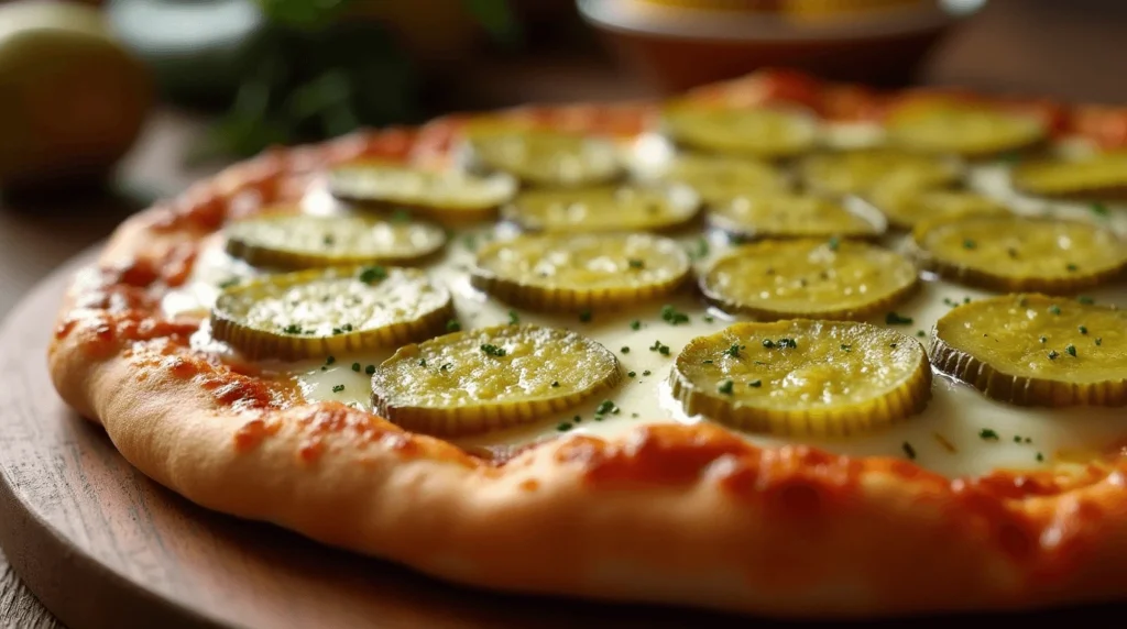 Pickle Pie Pizza: Why This Bold, Flavor-Packed Recipe Is a Must-Try 5 Homemade pickle pie pizza with a golden, crispy crust topped with vibrant dill pickles, melted mozzarella cheese, and fresh herbs, served on a rustic wooden board.