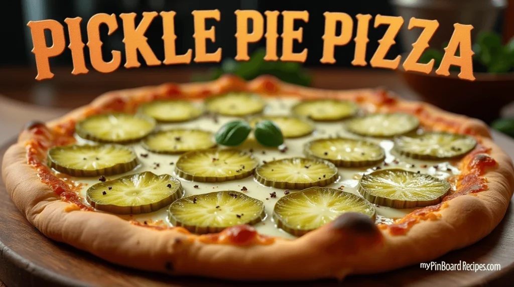 Freshly baked pickle pie pizza on a rustic wooden board, topped with vibrant green dill pickles, melted mozzarella cheese, and sprinkled with herbs, under warm kitchen lighting.