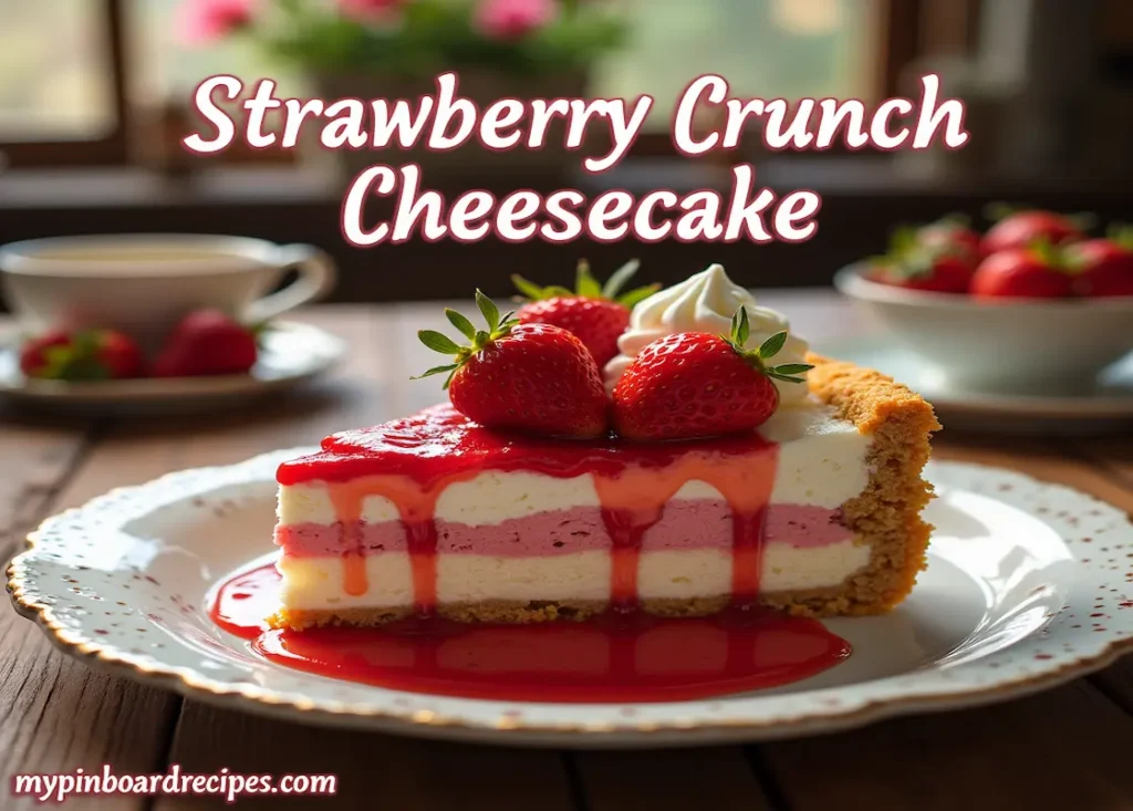 A hyper-realistic image of a strawberry crunch cheesecake with a golden crumb crust, creamy layers, fresh strawberries, whipped cream, and a drizzle of strawberry syrup, served on a ceramic plate in a rustic kitchen setting