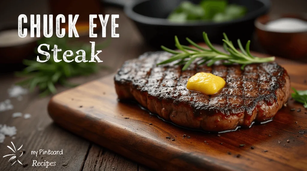 A perfectly cooked chuck eye steak with charred grill marks, glistening with melted butter and garnished with a sprig of rosemary, resting on a rustic wooden cutting board. The image includes rustic text at the top reading 'Chuck Eye Steak' and the website name 'mypinboardrecipes.com' at the bottom.