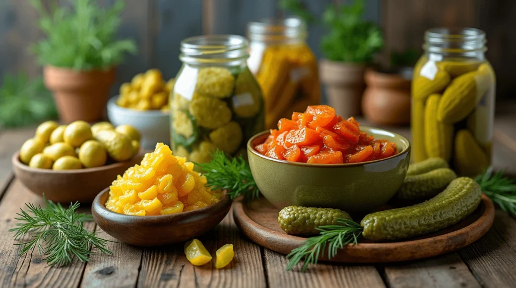 Pickle Pie Pizza: Why This Bold, Flavor-Packed Recipe Is a Must-Try 2 An assortment of pickles including dill, sweet, bread-and-butter, and spicy varieties, arranged in glass and ceramic containers on a rustic wooden table, ideal for Pickle Pie Pizza toppings.