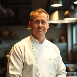 Gary, the AI chef, in a stylish kitchen setting, holding a recipe book with a warm smile, surrounded by fresh ingredients and kitchen tools, ready to inspire your next meal on MyPinboardRecipes.