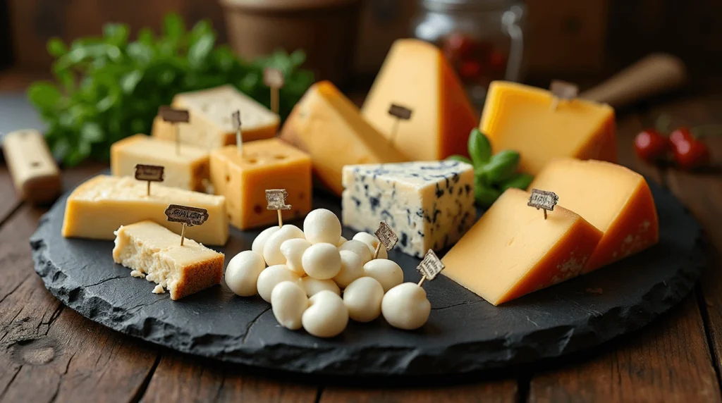 Pickle Pie Pizza: Why This Bold, Flavor-Packed Recipe Is a Must-Try 4 An elegant cheese platter featuring sharp cheddar, creamy mozzarella, tangy blue cheese, and rich gouda, beautifully arranged on a slate board with fresh herbs and vintage cheese knives.