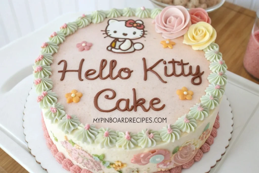 A delicious and adorable Hello Kitty cake, featuring vibrant pink and white frosting, with the iconic Hello Kitty face decorated on top