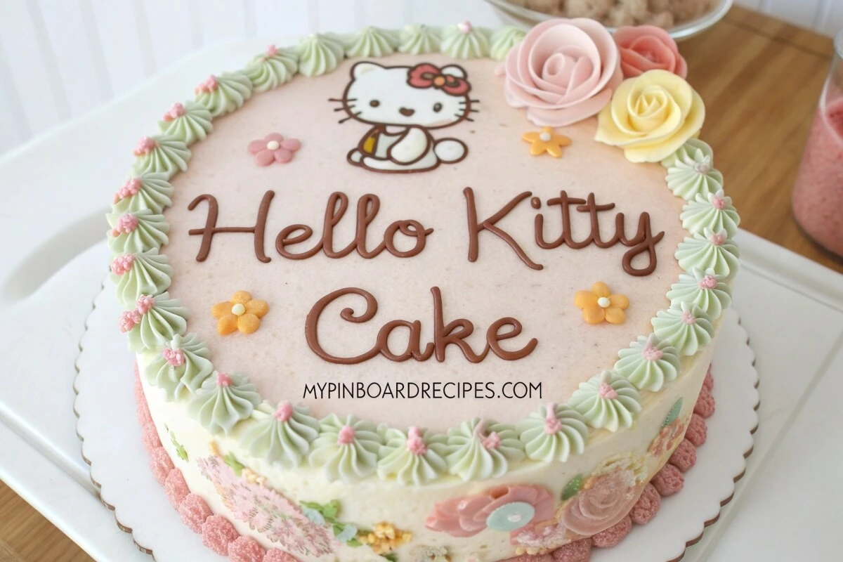 A delicious and adorable Hello Kitty cake, featuring vibrant pink and white frosting, with the iconic Hello Kitty face decorated on top