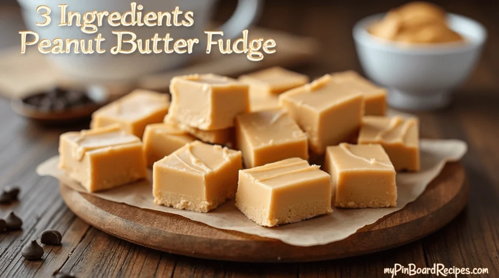 Delicious 3 Ingredient Peanut Butter Fudge cut into squares, with chocolate chips and peanut butter in the background, styled on a rustic wooden board.