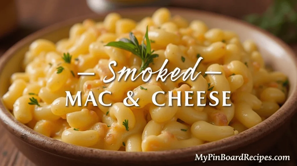 A creamy bowl of smoked mac and cheese topped with crispy breadcrumbs and garnished with fresh herbs.