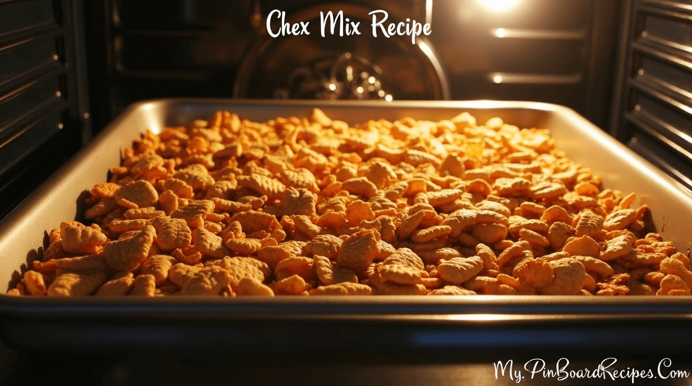 Chex Mix Recipe Oven Secrets: How to Get Perfect Results 1 A tray of Chex Mix recipe oven-baked to a golden brown, with crispy cereal, pretzels, and nuts.