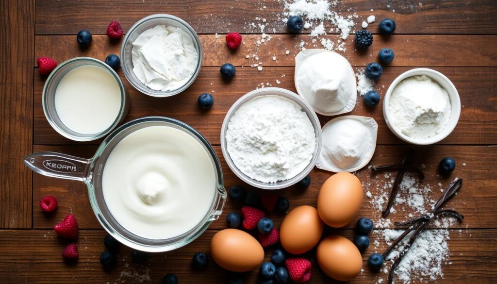How to Use Kefir Sheet Cake Ingredients for a Perfect Recipe 3 Kefir sheet cake ingredients, including flour, sugar, butter, eggs, and kefir, arranged on a kitchen counter.