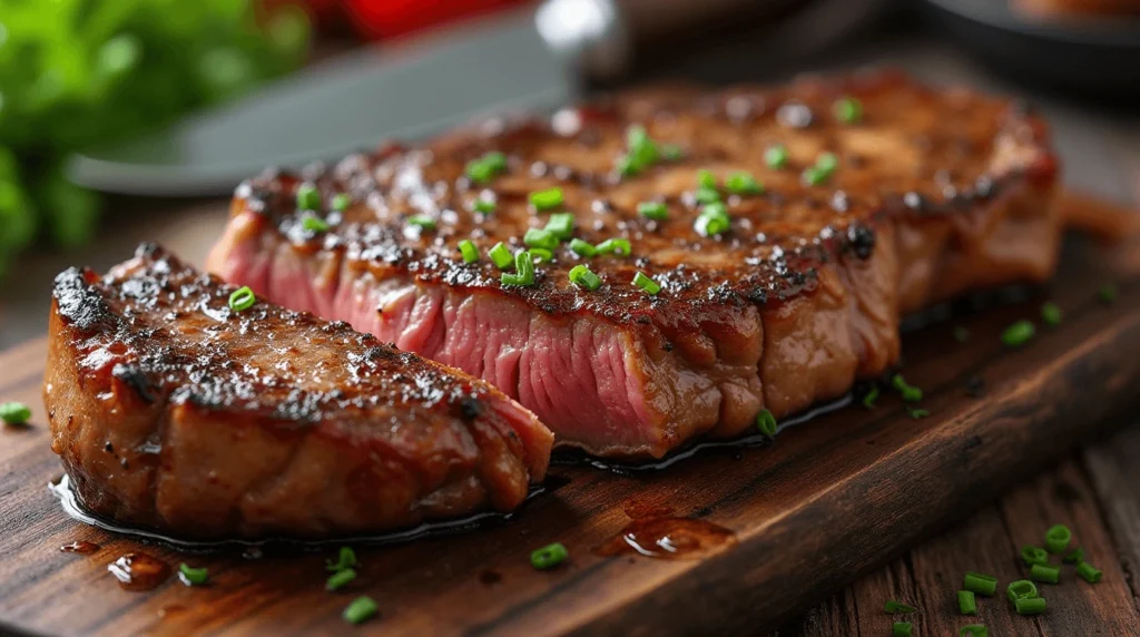How to Cook the Perfect Chuck Eye Steak: Tips and Recipes 3 A beautifully cooked pan-seared chuck eye steak, garnished with fresh herbs and served with roasted vegetables on a rustic wooden table.