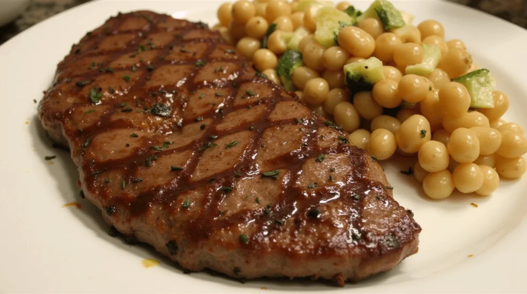 How to Cook the Perfect Chuck Eye Steak: Tips and Recipes 5 A bowl of vibrant marinade ingredients, including soy sauce, garlic, and herbs, next to a raw chuck eye steak ready for marinating.