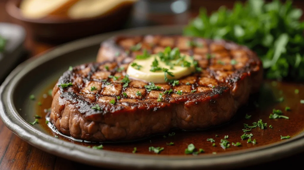 How to Cook the Perfect Chuck Eye Steak: Tips and Recipes 4 A perfectly grilled chuck eye steak topped with melted garlic butter, served on a plate with fresh herbs and grilled vegetables.