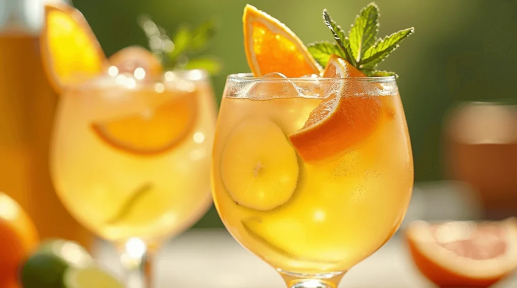 Top 5 Hugo Spritz Recipes for a Delightful Evening 4 A Citrus Hugo Spritz cocktail with orange, lemon, and lime garnishes, sparkling with effervescence