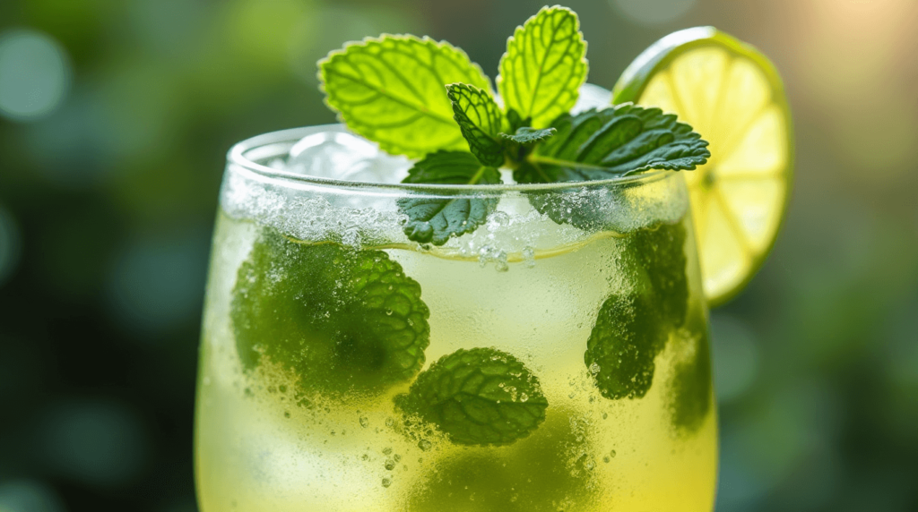 Top 5 Hugo Spritz Recipes for a Delightful Evening 5 A refreshing Herbal Hugo Spritz cocktail with fresh mint and lime, served in a large glass with ice.
