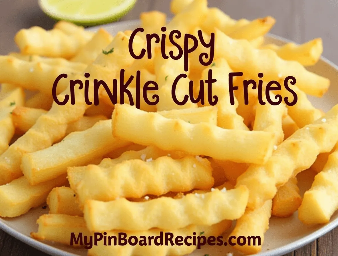 Crispy Crinkle Cut Fries Recipe: Simple and Quick to Make at Home 1 A close-up of crispy crinkle cut fries with seasoning, displayed on a plate, with the title 'Crispy Crinkle Cut Fries' at the top and the website name 'MyPinBoardRecipes.com' at the bottom