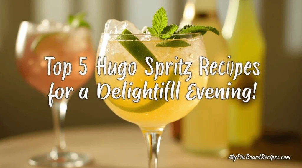 A sparkling Hugo Spritz cocktail garnished with mint and lime, with the title 'Top 5 Hugo Spritz Recipes for a Delightful Evening' at the top and 'MyPinBoardRecipes.com' at the bottom.