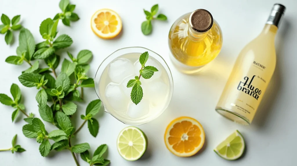 Top 5 Hugo Spritz Recipes for a Delightful Evening 2 Flat lay of Hugo Spritz ingredients including Prosecco, elderflower syrup, fresh mint, lime slices, and a glass with ice, with the title 'Hugo Spritz Ingredients' and 'MyPinBoardRecipes.com' at the bottom.
