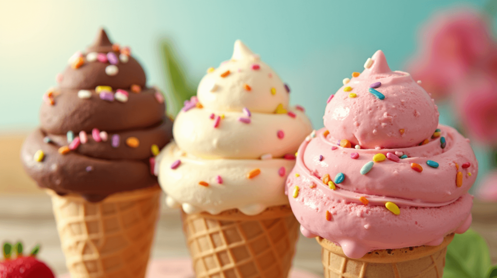 Top 5 Ways to Enjoy Neapolitan Ice Cream: Creative Recipes and Ideas 2 Three colorful Neapolitan ice cream cones with chocolate, vanilla, and strawberry scoops, perfect for a sweet summer treat.