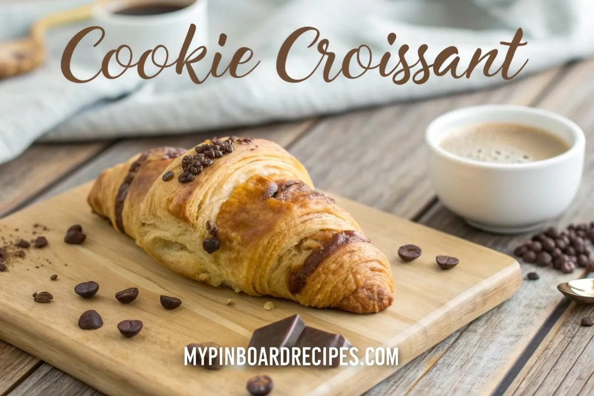 A freshly baked cookie croissant with flaky layers, placed on a wooden table with chocolate chips and a cup of coffee, featuring the title "Cookie Croissant" at the top and "MyPinBoardRecipes.com" at the bottom.