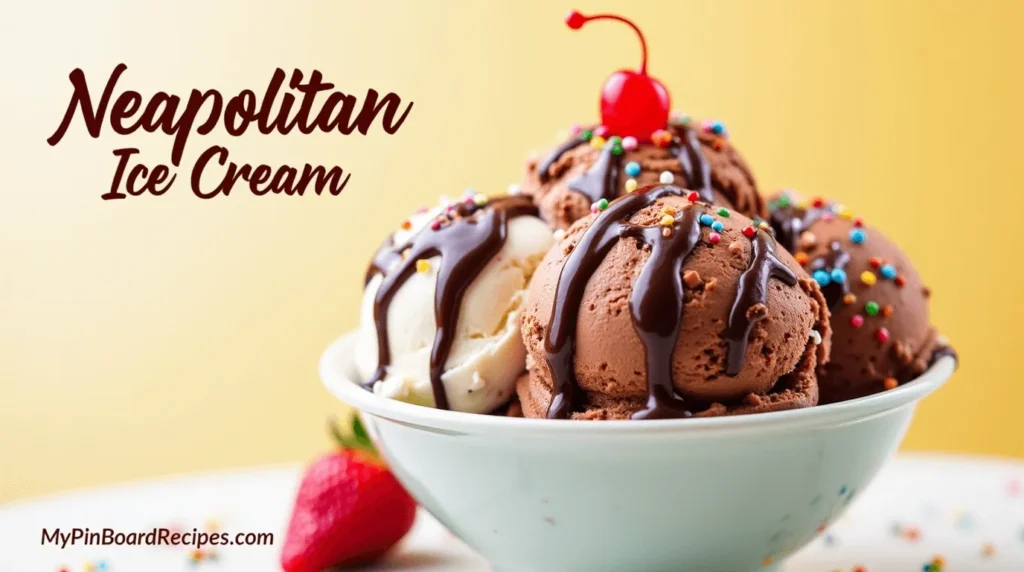 Top 5 Ways to Enjoy Neapolitan Ice Cream: Creative Recipes and Ideas 1 A bowl of Neapolitan ice cream with scoops of chocolate, vanilla, and strawberry topped with sprinkles, chocolate syrup, and a cherry, with the title "Neapolitan Ice Cream" at the top and "MyPinBoardRecipes.com" at the bottom