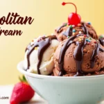 A bowl of Neapolitan ice cream with scoops of chocolate, vanilla, and strawberry topped with sprinkles, chocolate syrup, and a cherry, with the title "Neapolitan Ice Cream" at the top and "MyPinBoardRecipes.com" at the bottom