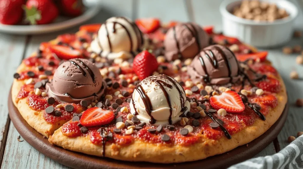 Top 5 Ways to Enjoy Neapolitan Ice Cream: Creative Recipes and Ideas 4 Neapolitan Ice Cream Pizza with chocolate, vanilla, and strawberry ice cream on a crispy crust, topped with fresh strawberries, chocolate chips, and chocolate syrup.