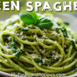 Plate of vibrant green spaghetti garnished with pesto sauce, parmesan cheese, and fresh basil leaves. The title 'Green Spaghetti' appears at the top of the image, and 'MyPinBoardRecipes.com' is displayed at the bottom.