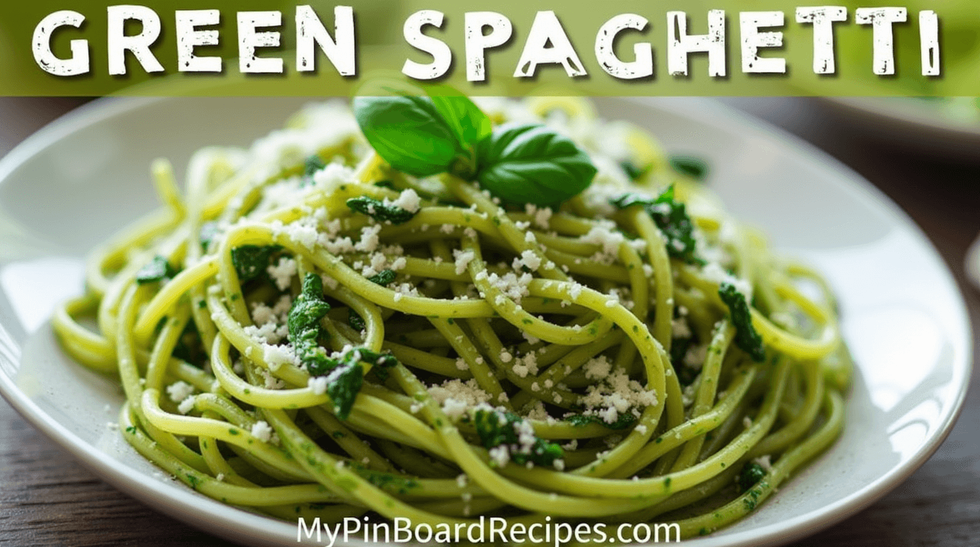Plate of vibrant green spaghetti garnished with pesto sauce, parmesan cheese, and fresh basil leaves. The title 'Green Spaghetti' appears at the top of the image, and 'MyPinBoardRecipes.com' is displayed at the bottom.