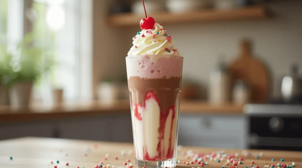 Top 5 Ways to Enjoy Neapolitan Ice Cream: Creative Recipes and Ideas 5 Delicious Neapolitan ice cream shake with layers of chocolate, vanilla, and strawberry, topped with whipped cream, a cherry, and colorful sprinkles.