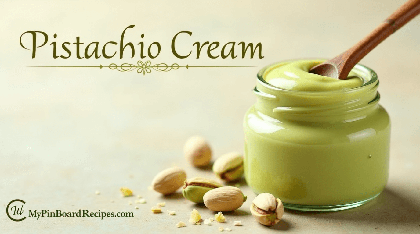 How to Make The Perfect Pistachio Cream Recipe: Smooth and Easy to Prepare 1 Homemade pistachio cream in a glass jar with a wooden spoon and whole pistachios scattered around, with the title 'Pistachio Cream' on top and 'MyPinBoardRecipes.com' at the bottom.